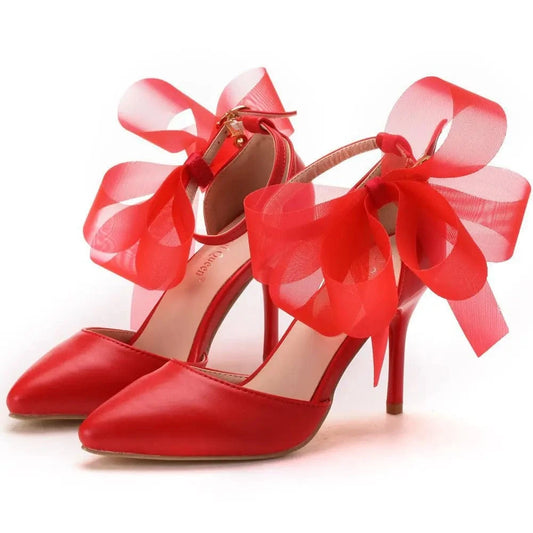 Female Ankle Strap Lace Bow High Heels Shoes Sandals for Women Ladies Bride Wedding Heeled Sandals
