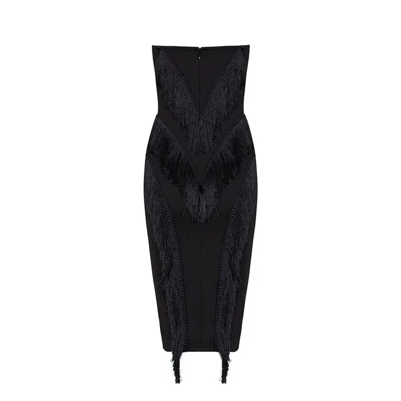 Female confident and generous black low-cut evening dress