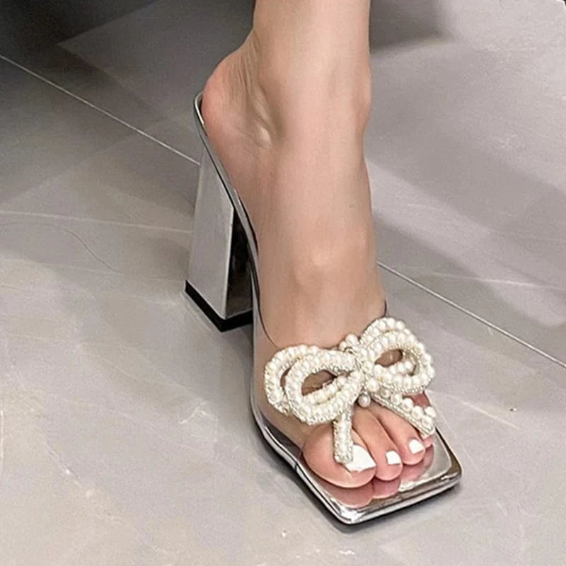 Femme Square Toe Mules 2024 Zapatos Talons Shoes Pearl Transparent Sexy Flip Flops Slippers Block Heel Sandals For Women