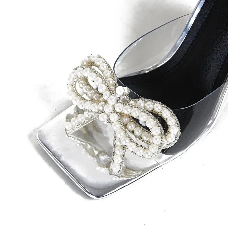 Femme Square Toe Mules 2024 Zapatos Talons Shoes Pearl Transparent Sexy Flip Flops Slippers Block Heel Sandals For Women