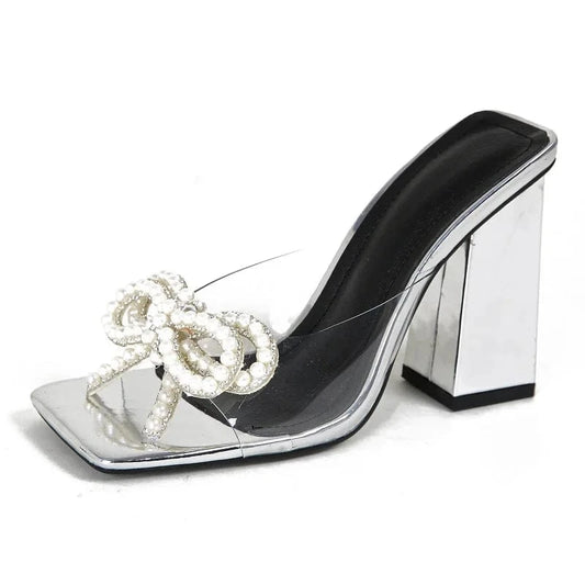 Femme Square Toe Mules 2024 Zapatos Talons Shoes Pearl Transparent Sexy Flip Flops Slippers Block Heel Sandals For Women