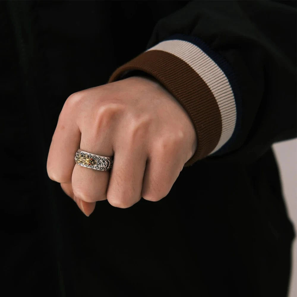 Feng Shui Pixiu Mani Mantra Protection Wealth Ring Charms Ring Amulet Wealth Lucky Open Adjustable Ring Buddhist Jewelry