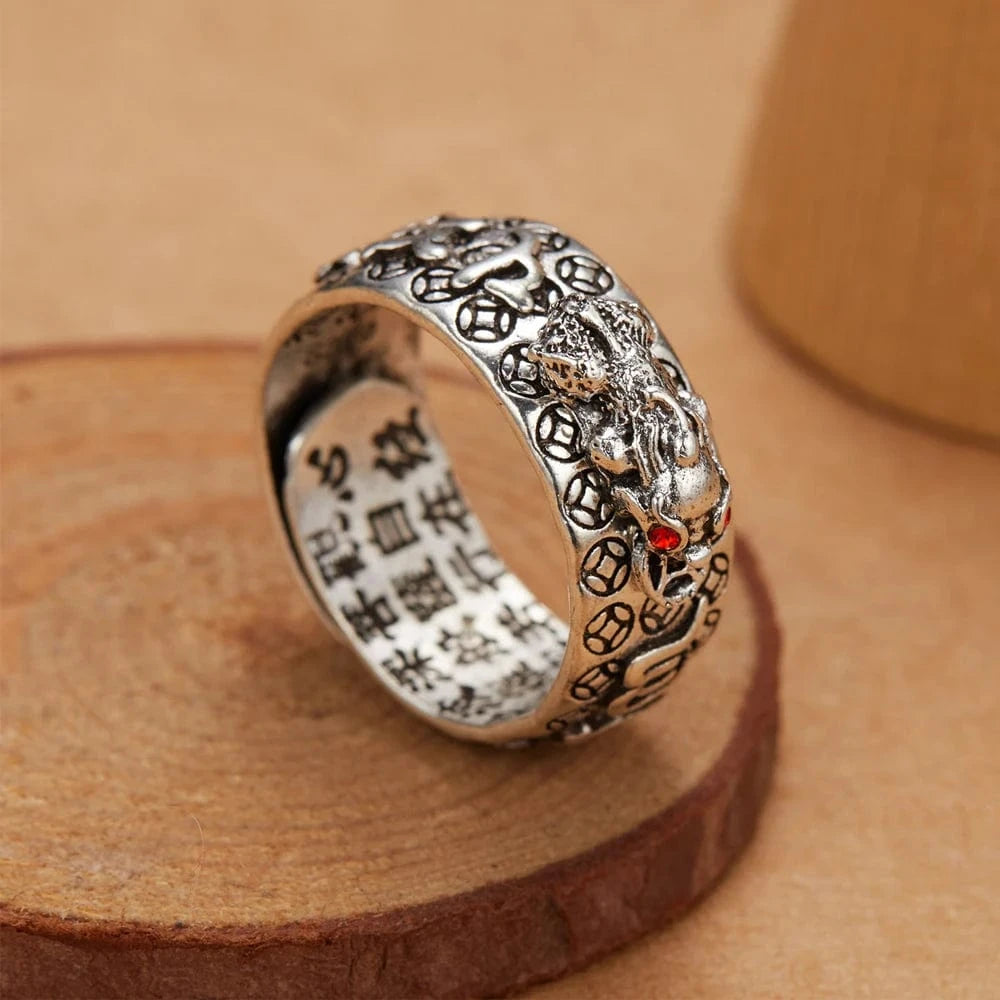 Feng Shui Pixiu Mani Mantra Protection Wealth Ring Charms Ring Amulet Wealth Lucky Open Adjustable Ring Buddhist Jewelry