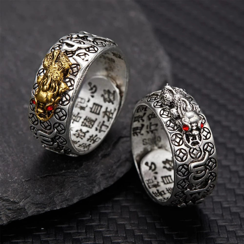 Feng Shui Pixiu Mani Mantra Protection Wealth Ring Charms Ring Amulet Wealth Lucky Open Adjustable Ring Buddhist Jewelry
