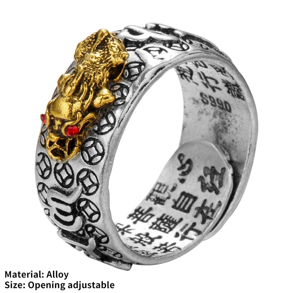 Feng Shui Pixiu Mani Mantra Protection Wealth Ring Charms Ring Amulet Wealth Lucky Open Adjustable Ring Buddhist Jewelry