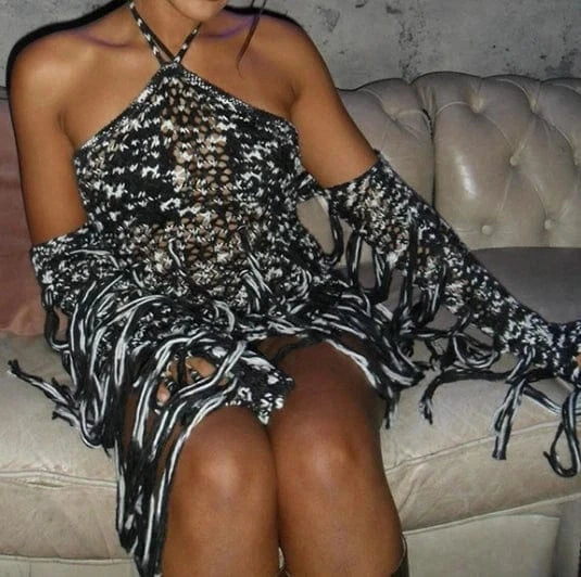 Fengeay 2024 Sexy Strapless Halter Dress Slim Fit Tight Mini Dress Ladies Hollow Out Knitted Dress With Tassel