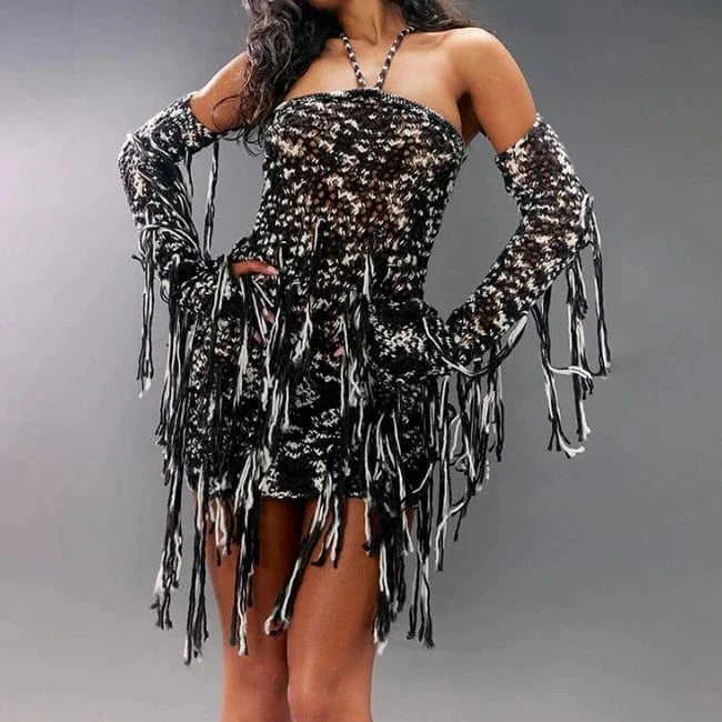 Fengeay 2024 Sexy Strapless Halter Dress Slim Fit Tight Mini Dress Ladies Hollow Out Knitted Dress With Tassel