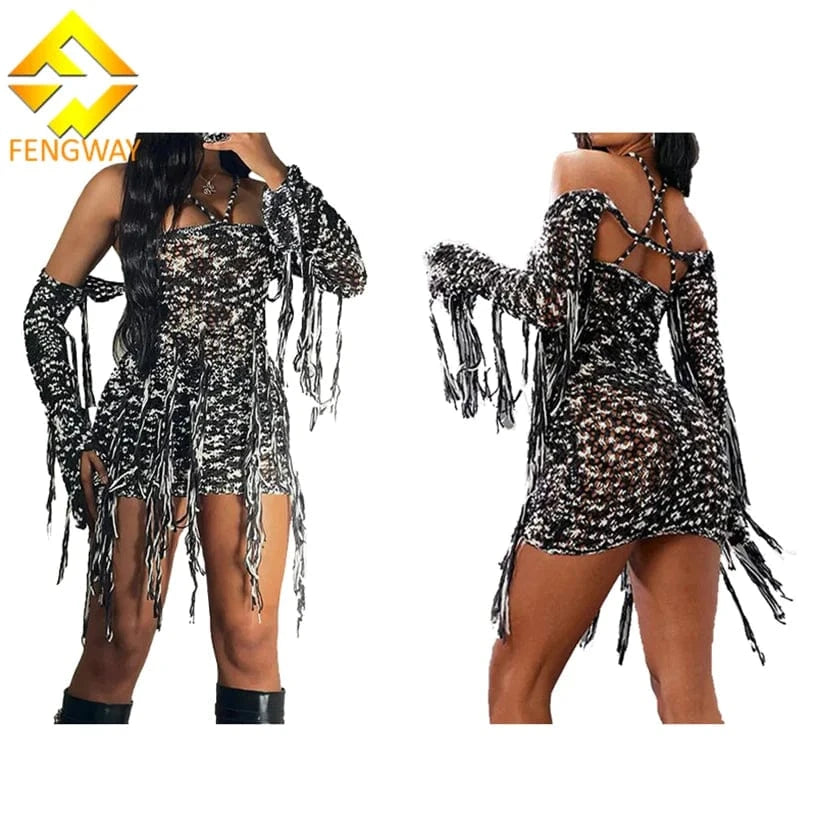 Fengeay 2024 Sexy Strapless Halter Dress Slim Fit Tight Mini Dress Ladies Hollow Out Knitted Dress With Tassel