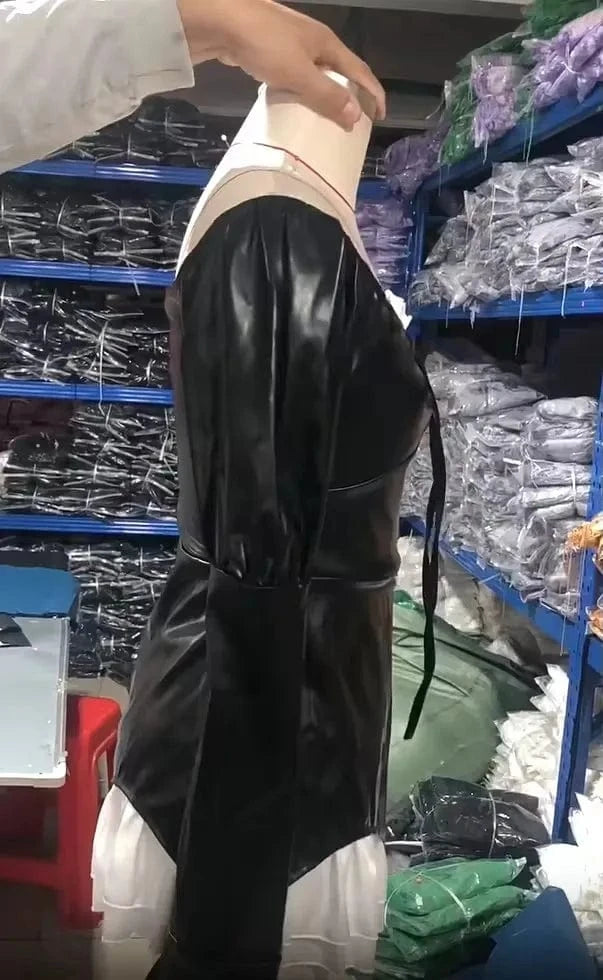 Fengway 2024 Pu Leather Slim Fit Dress Women Long Sleeve Square Collar Dress Patchwork Ruffles Pleated Dresses