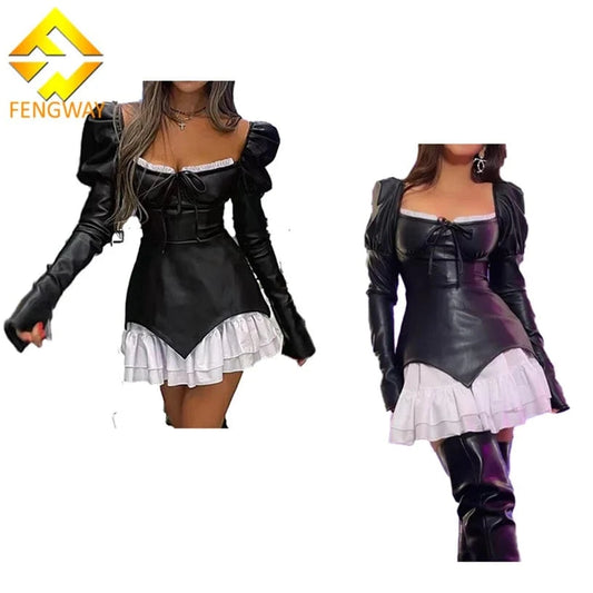 Fengway 2024 Pu Leather Slim Fit Dress Women Long Sleeve Square Collar Dress Patchwork Ruffles Pleated Dresses