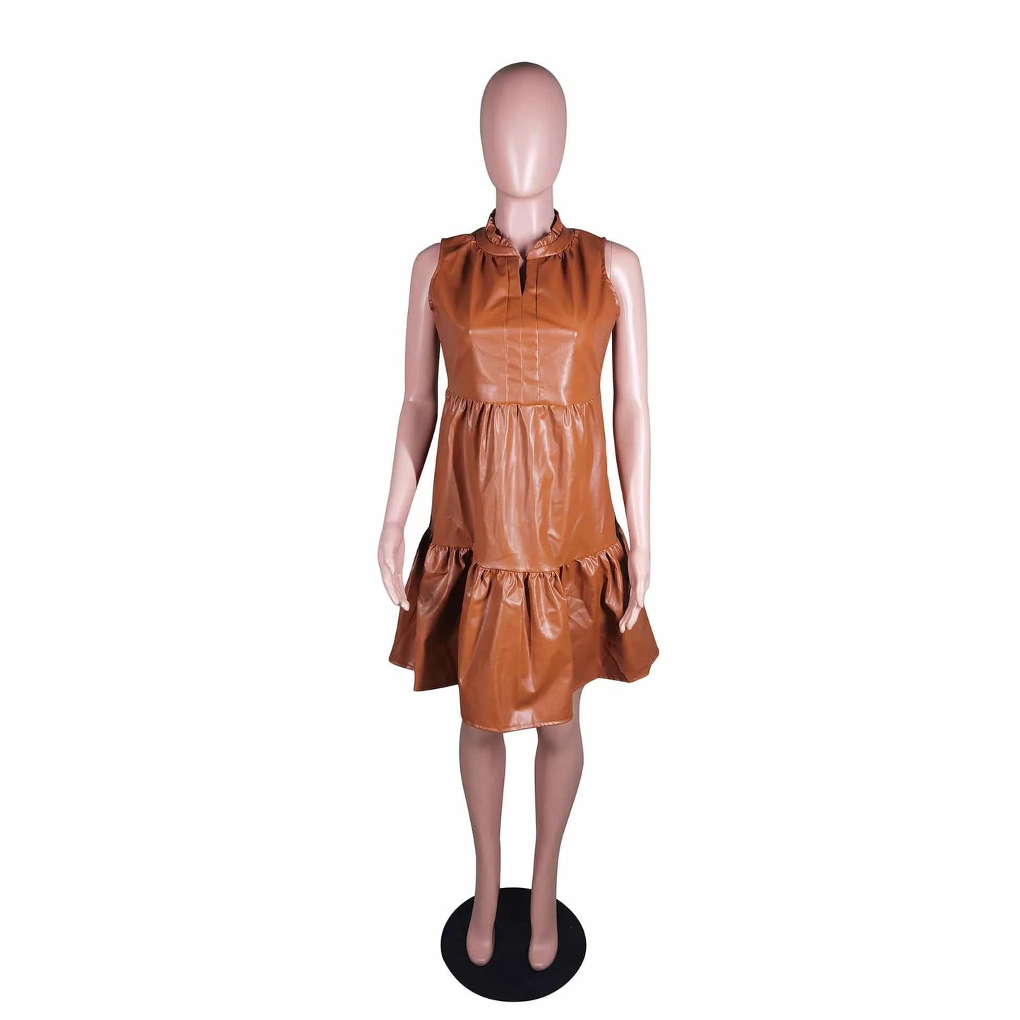 Fengway 2024 Solid Color Sleeveless Dress Fashion Casual Loose Dress Patchwork Pu Leather A-Line Dresses