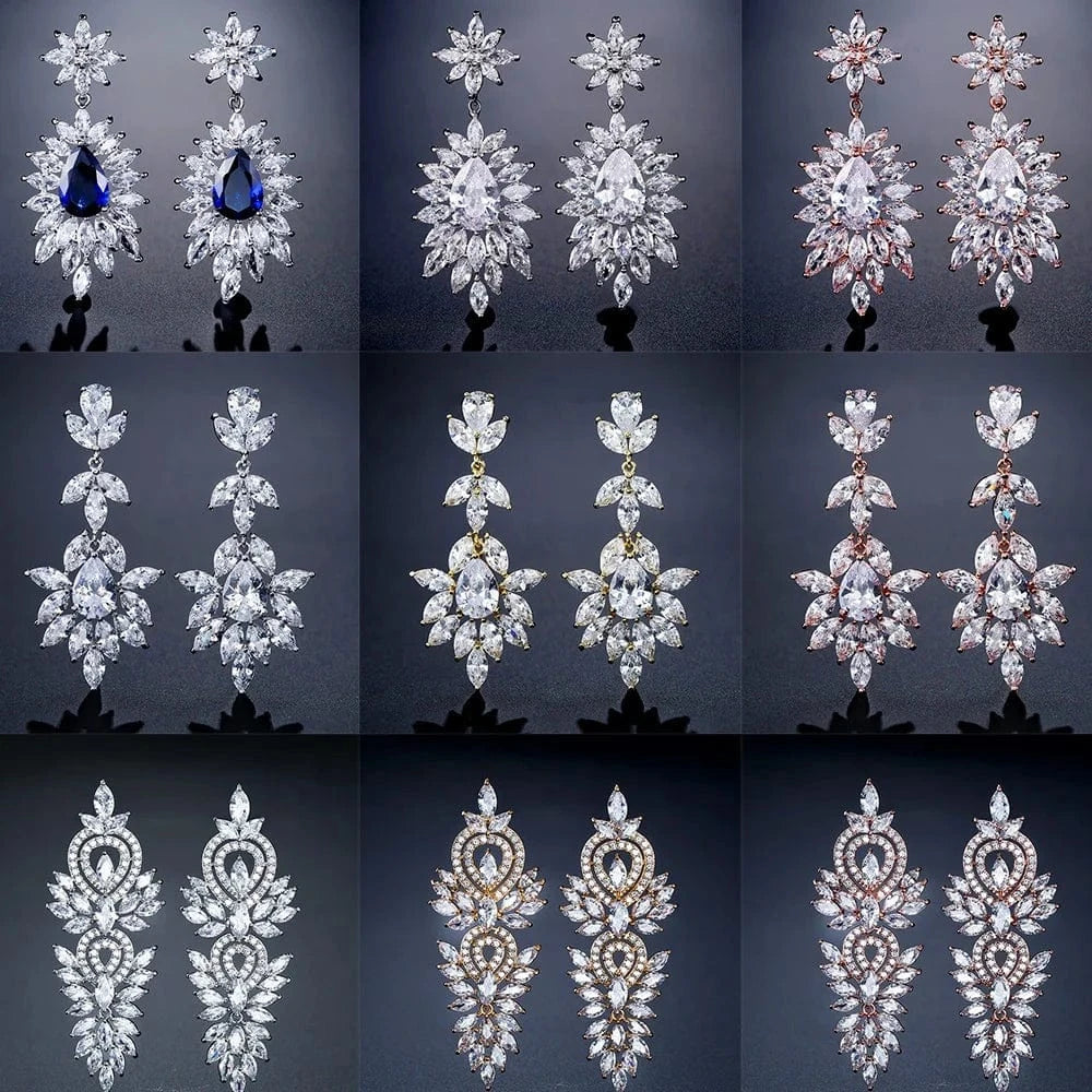 fine design exquisite cubic zirconia bridal statement long drop earrings  women gold plated diamond earrings jewelry