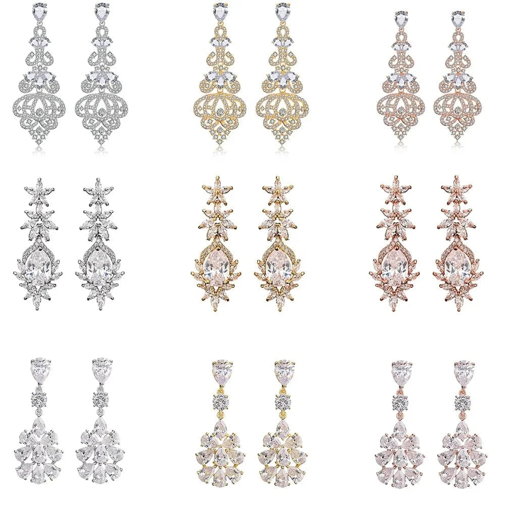 fine design exquisite cubic zirconia bridal statement long drop earrings  women gold plated diamond earrings jewelry
