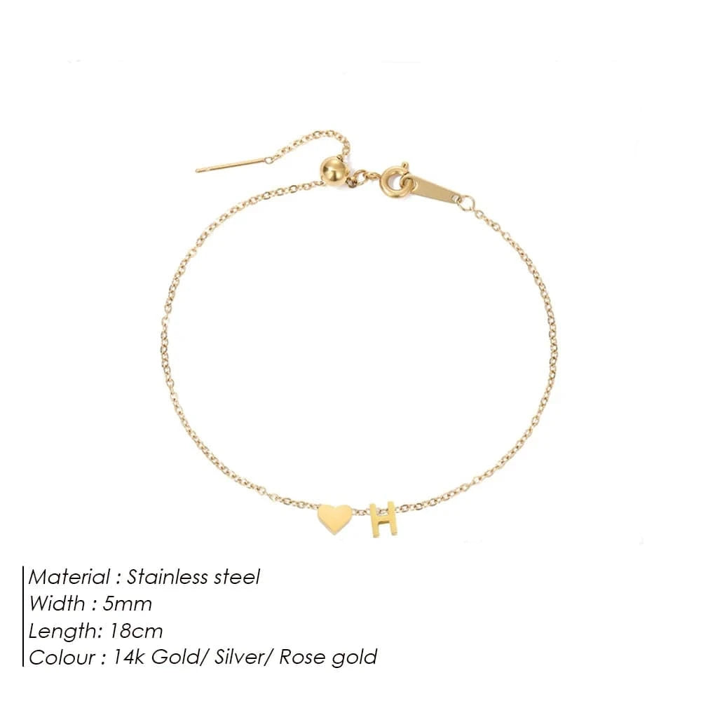 Fine Jewelry Gold Plated Adjustable Chain Heart Initial A-Z 26 Alphabet Letter Charms Bracelet