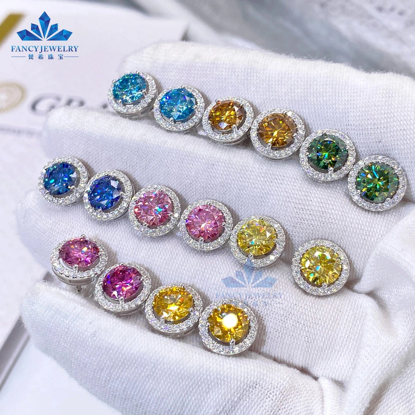 Fine jewelry pass diamond tester 6.5mm 1CT moissanite earring Silver 925 yellow blue pink green moissanites halo stud earring