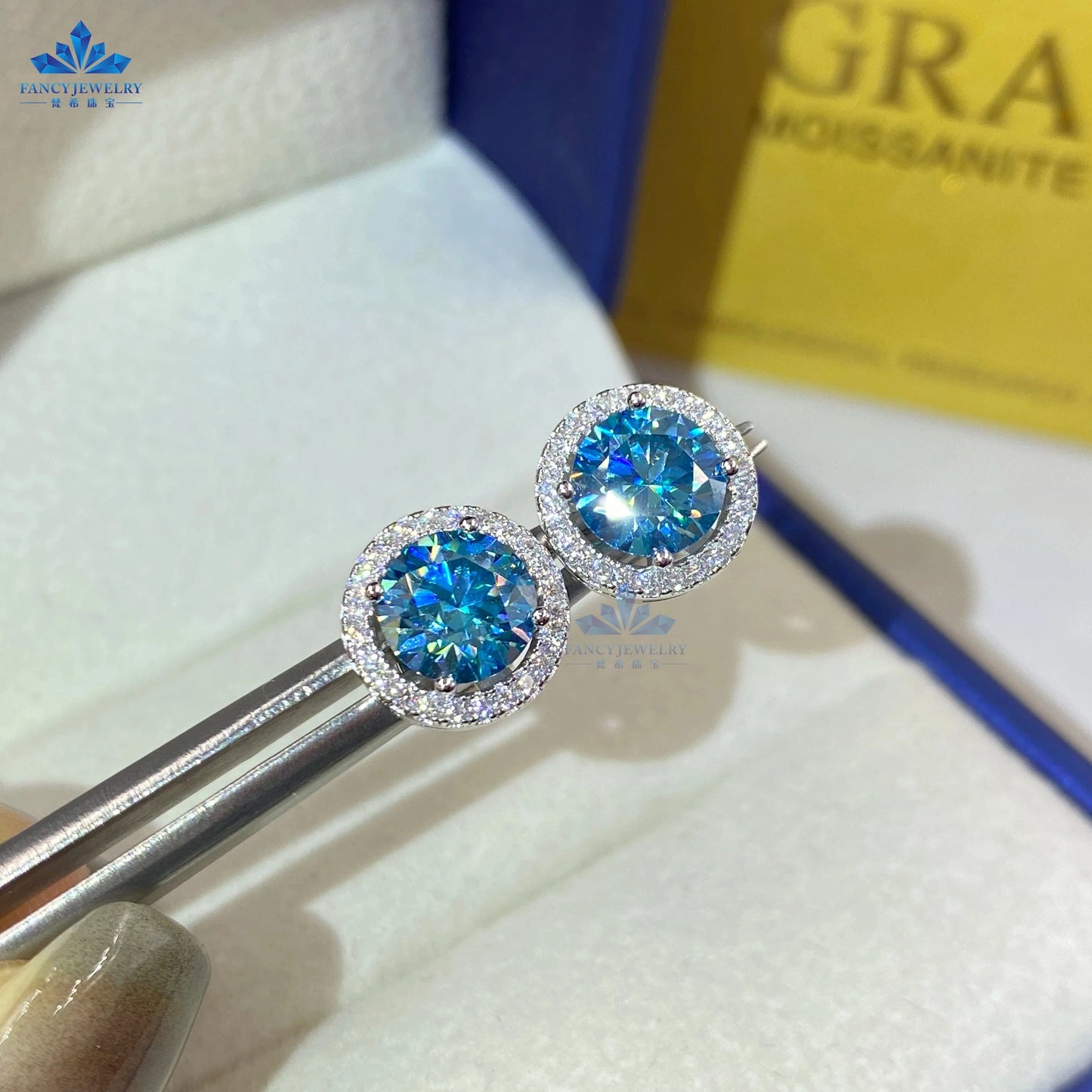 Fine jewelry pass diamond tester 6.5mm 1CT moissanite earring Silver 925 yellow blue pink green moissanites halo stud earring