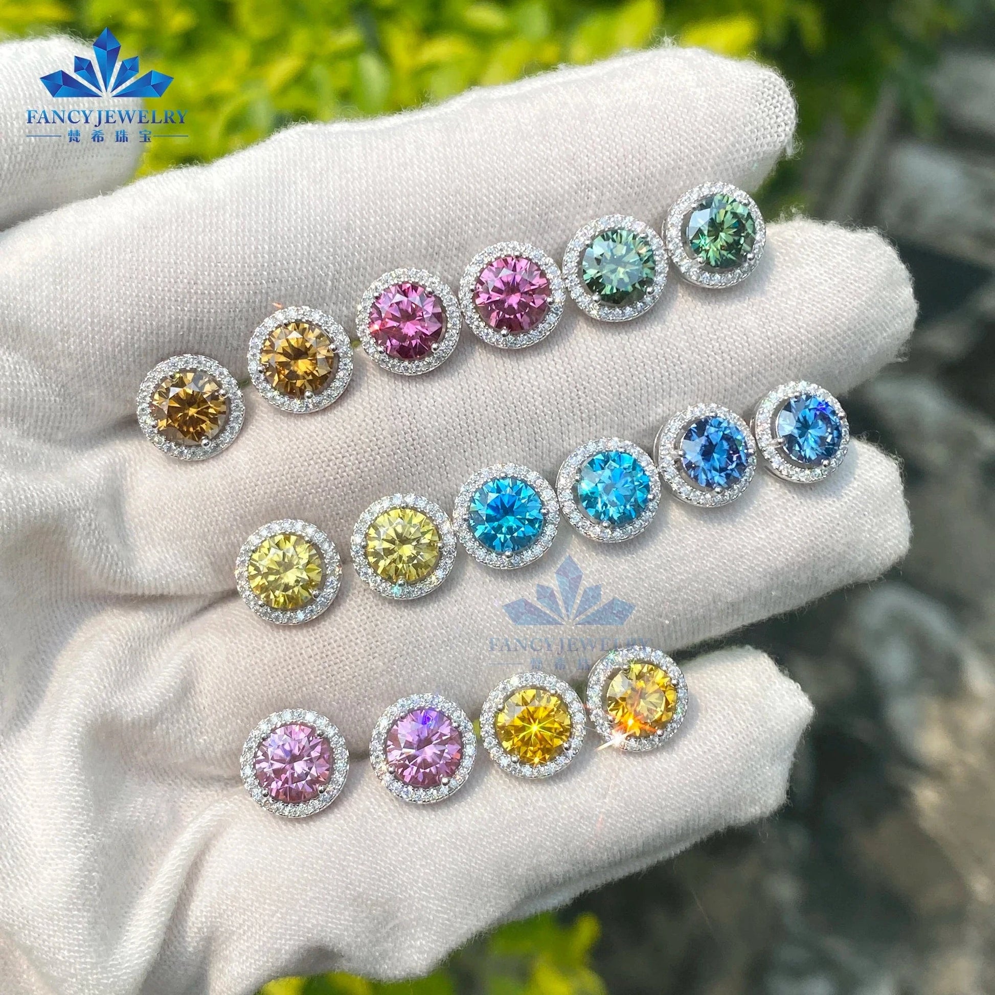Fine jewelry pass diamond tester 6.5mm 1CT moissanite earring Silver 925 yellow blue pink green moissanites halo stud earring
