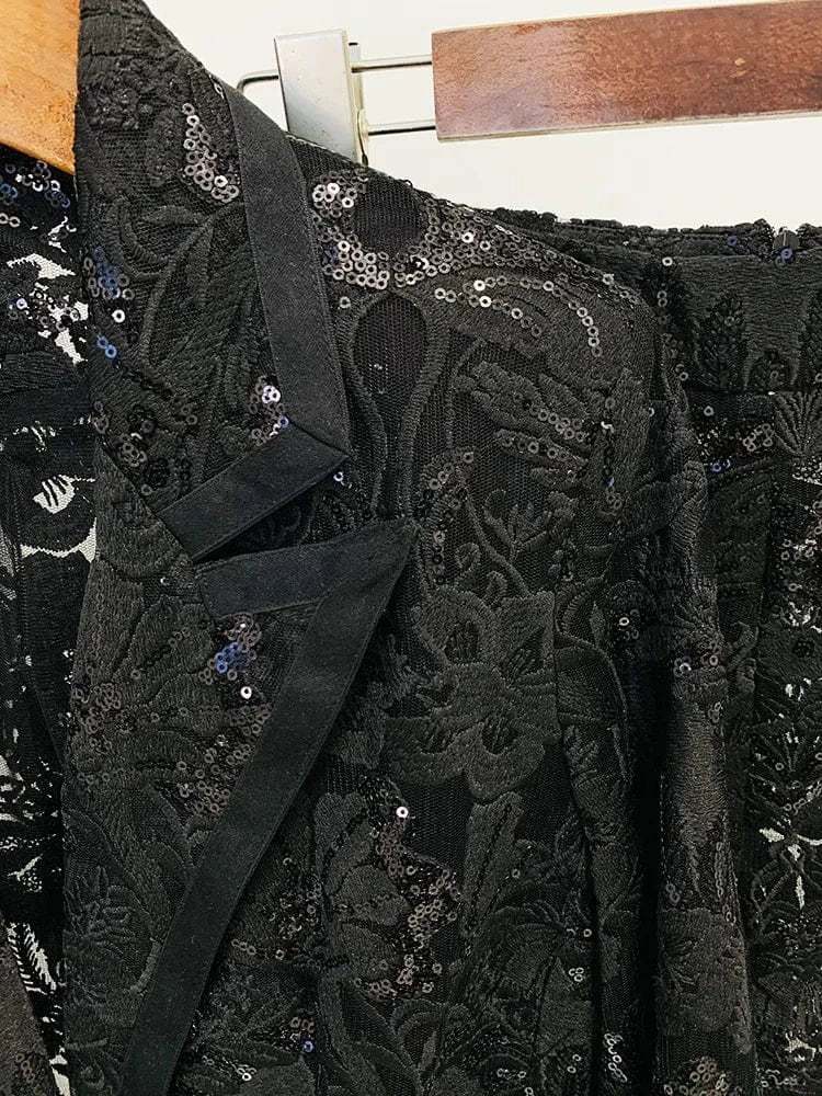 Fine Workmanship Embroidery Lady Black See-through Office Suit Sequins Single Button Blazer Flared Pants Women Solid 2pcs