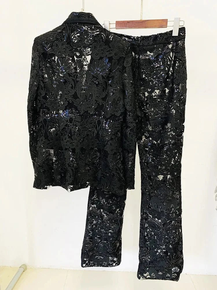 Fine Workmanship Embroidery Lady Black See-through Office Suit Sequins Single Button Blazer Flared Pants Women Solid 2pcs