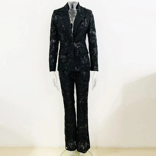 Fine Workmanship Embroidery Lady Black See-through Office Suit Sequins Single Button Blazer Flared Pants Women Solid 2pcs