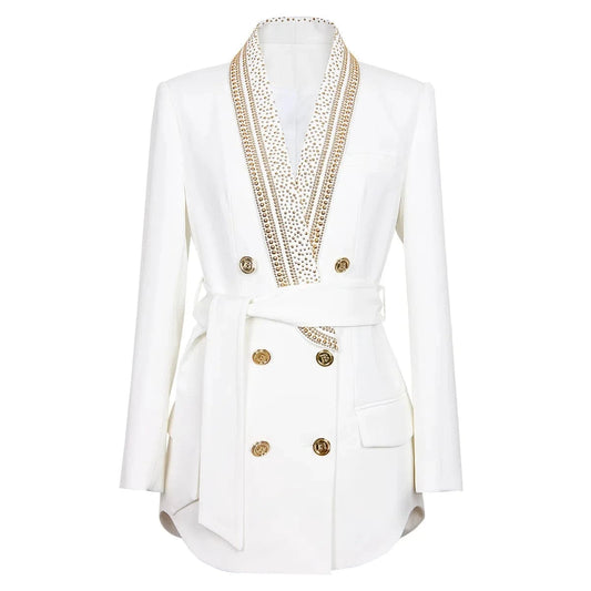 Fine Workmanship European Women Vintage Jacket Luxury Beading Design Quality Retro Lady Blazer