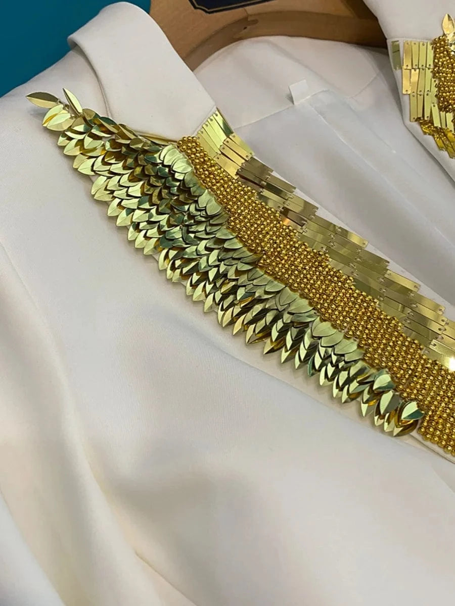 Fine Workmanship Rivet Beading Notched Single Button Lady Office Formal Coat Long Sleeve Women Solid Blazer White