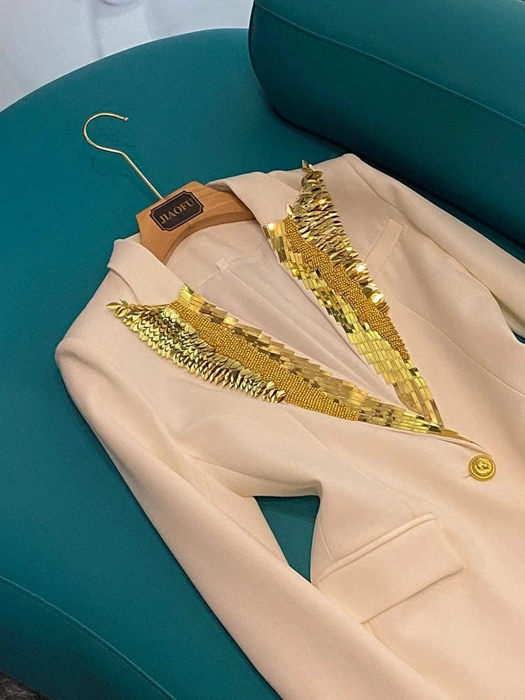 Fine Workmanship Rivet Beading Notched Single Button Lady Office Formal Coat Long Sleeve Women Solid Blazer White