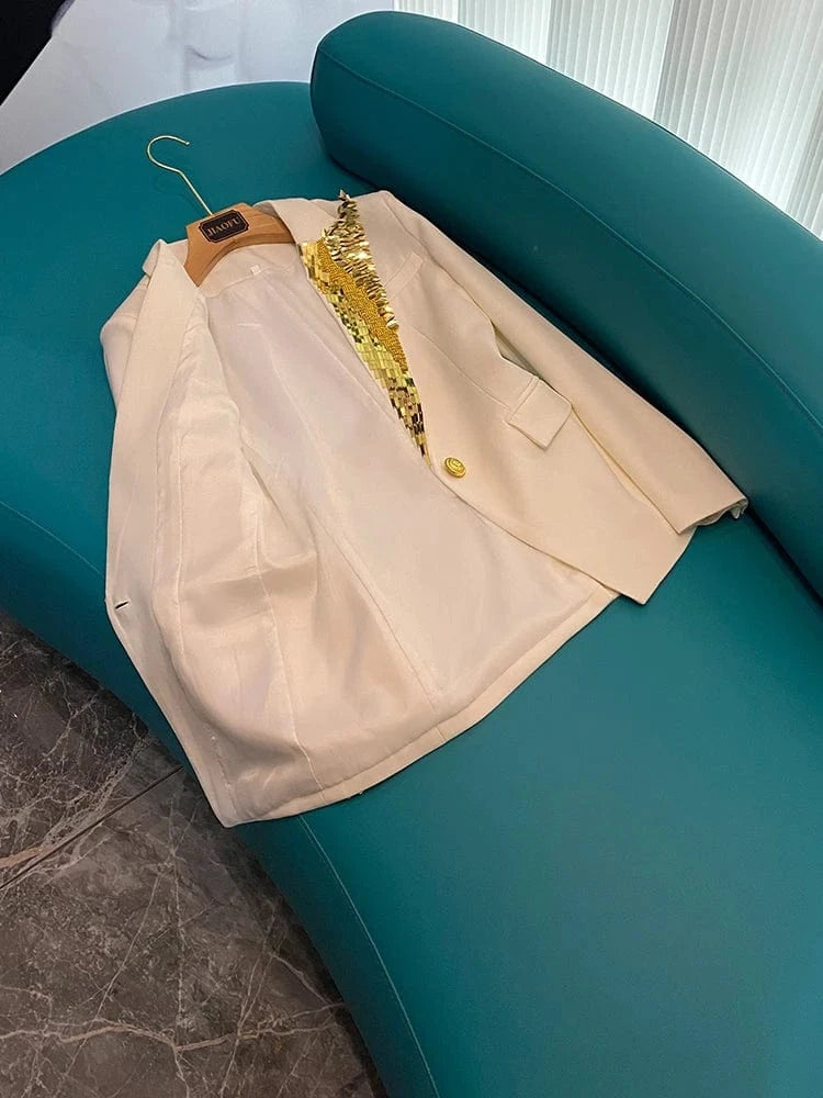 Fine Workmanship Rivet Beading Notched Single Button Lady Office Formal Coat Long Sleeve Women Solid Blazer White