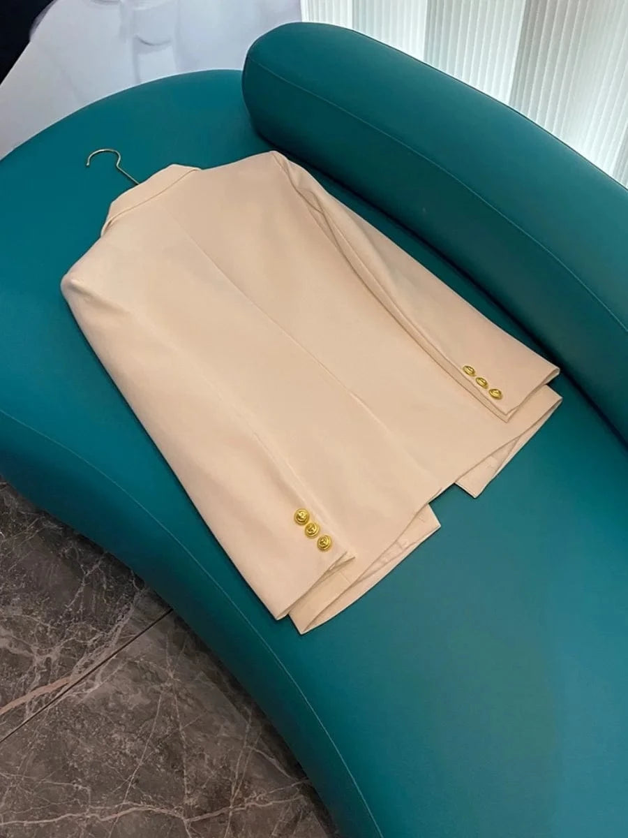 Fine Workmanship Rivet Beading Notched Single Button Lady Office Formal Coat Long Sleeve Women Solid Blazer White