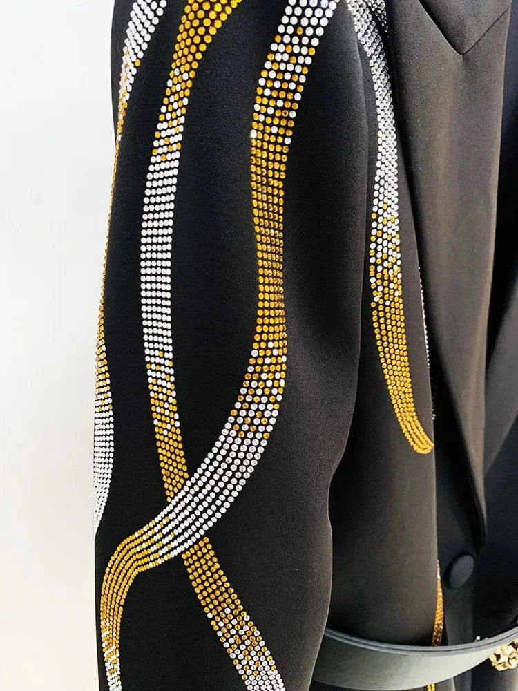 Fine Workmanship Stylish Hot Fix Rhinestone Lady Formal Workwear 2Pcs Blazer With Belt Flared Pants Suit