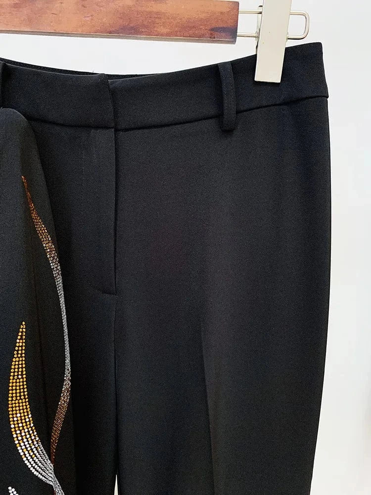 Fine Workmanship Stylish Hot Fix Rhinestone Lady Formal Workwear 2Pcs Blazer With Belt Flared Pants Suit