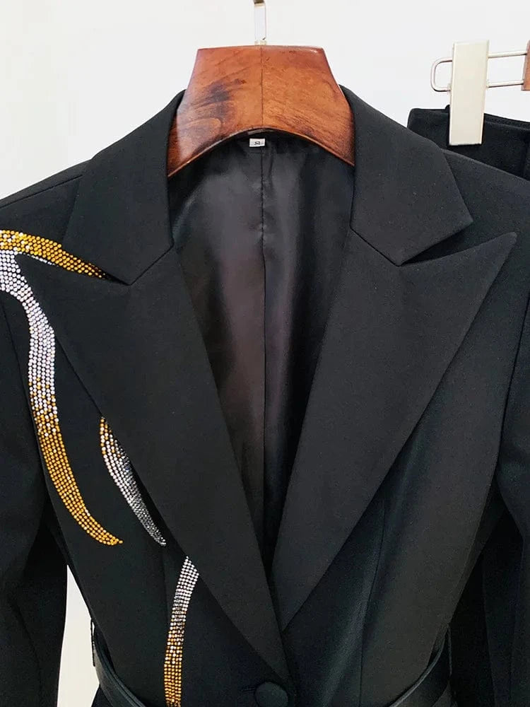 Fine Workmanship Stylish Hot Fix Rhinestone Lady Formal Workwear 2Pcs Blazer With Belt Flared Pants Suit