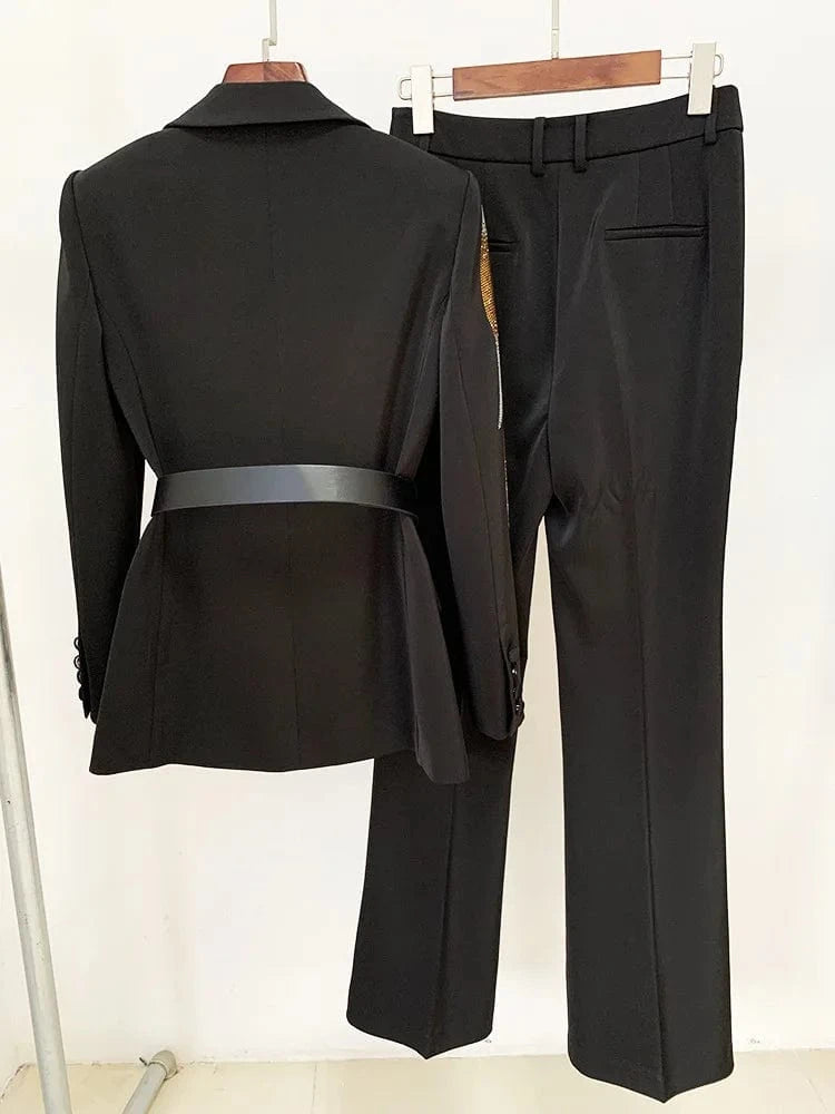 Fine Workmanship Stylish Hot Fix Rhinestone Lady Formal Workwear 2Pcs Blazer With Belt Flared Pants Suit