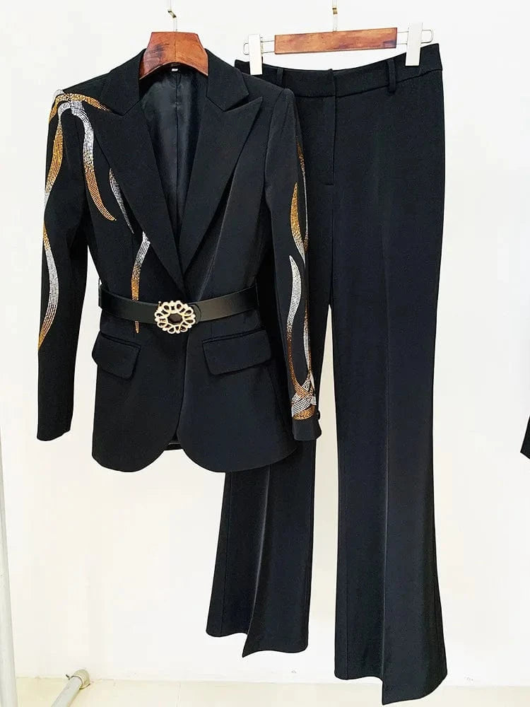 Fine Workmanship Stylish Hot Fix Rhinestone Lady Formal Workwear 2Pcs Blazer With Belt Flared Pants Suit