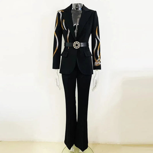 Fine Workmanship Stylish Hot Fix Rhinestone Lady Formal Workwear 2Pcs Blazer With Belt Flared Pants Suit