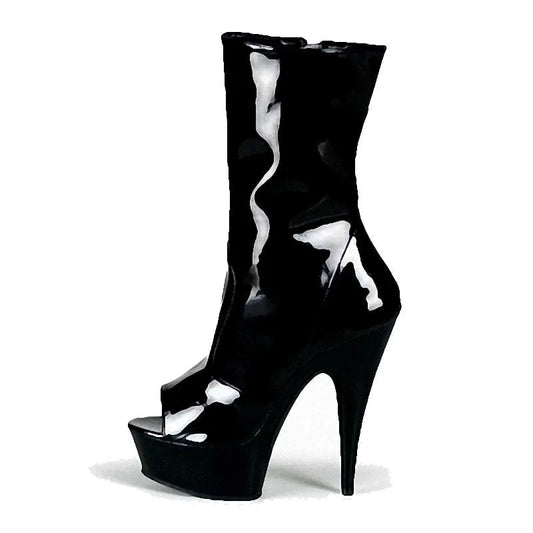 Fish mouth thin heel thick bottom black 15 cm patent leather 6 inch high-heeled short boots queen walk show high-heeled shoes