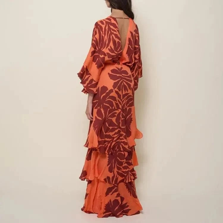 FLAXMAKER Maxi Long Dress Women Sexy Sleeveless Ruffle Dolman Sleeve Printed Dresses Bandeau Blossom Print Sundress 2025