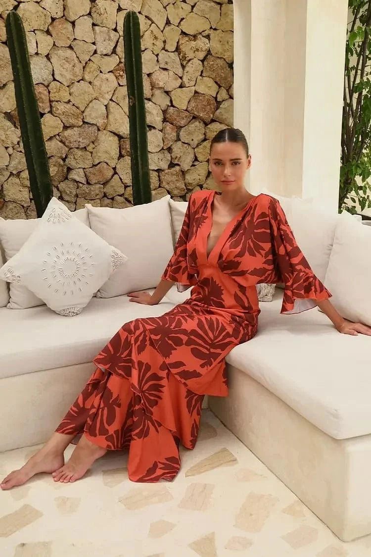 FLAXMAKER Maxi Long Dress Women Sexy Sleeveless Ruffle Dolman Sleeve Printed Dresses Bandeau Blossom Print Sundress 2025