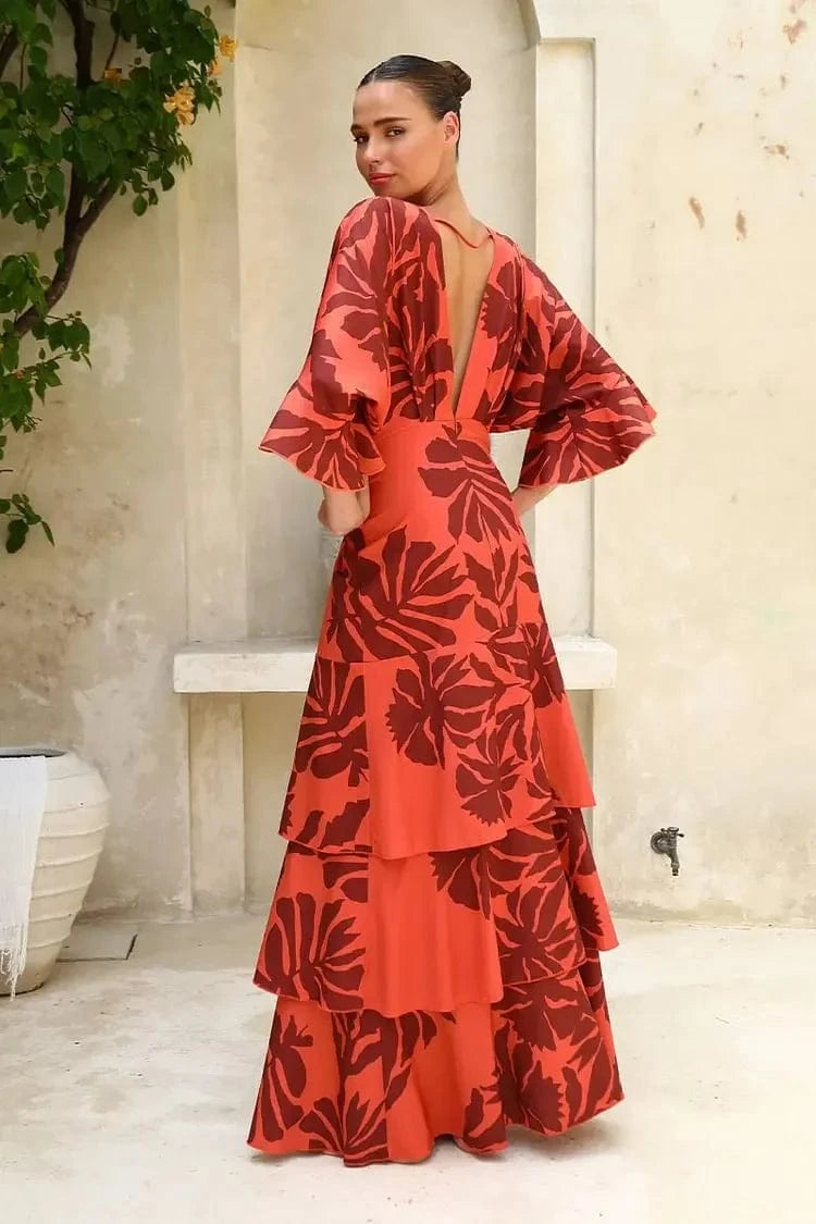 FLAXMAKER Maxi Long Dress Women Sexy Sleeveless Ruffle Dolman Sleeve Printed Dresses Bandeau Blossom Print Sundress 2025