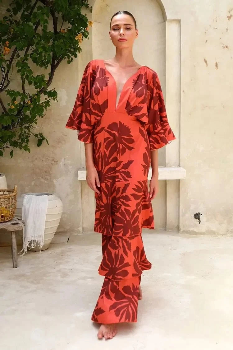 FLAXMAKER Maxi Long Dress Women Sexy Sleeveless Ruffle Dolman Sleeve Printed Dresses Bandeau Blossom Print Sundress 2025