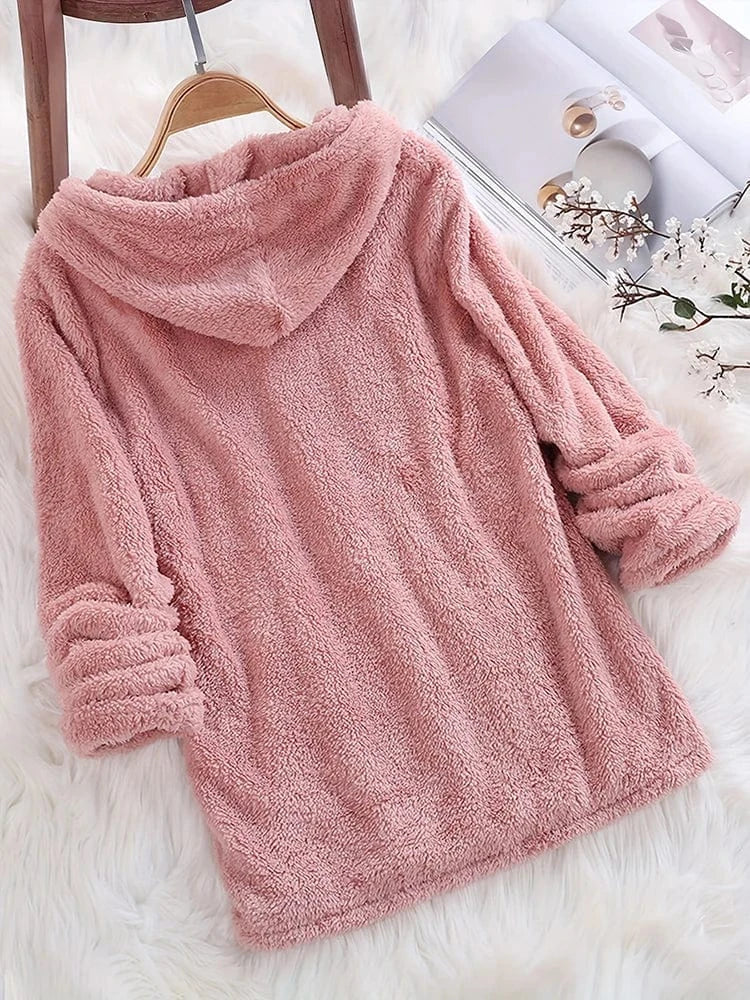 Fleece Solid Colour Hoodie Casual Long-Sleeved Hooded Sweatshirt Women's Autumn And Winter New Models 2024 Warm Solid Colour