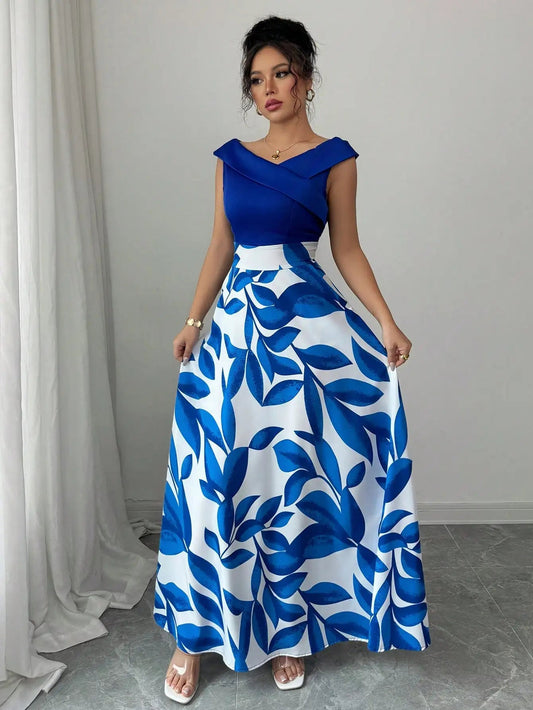 Floral Maxi Dress With Asymmetric Neckline For Elegant Evening Garden Party Style - SN Wigs & More