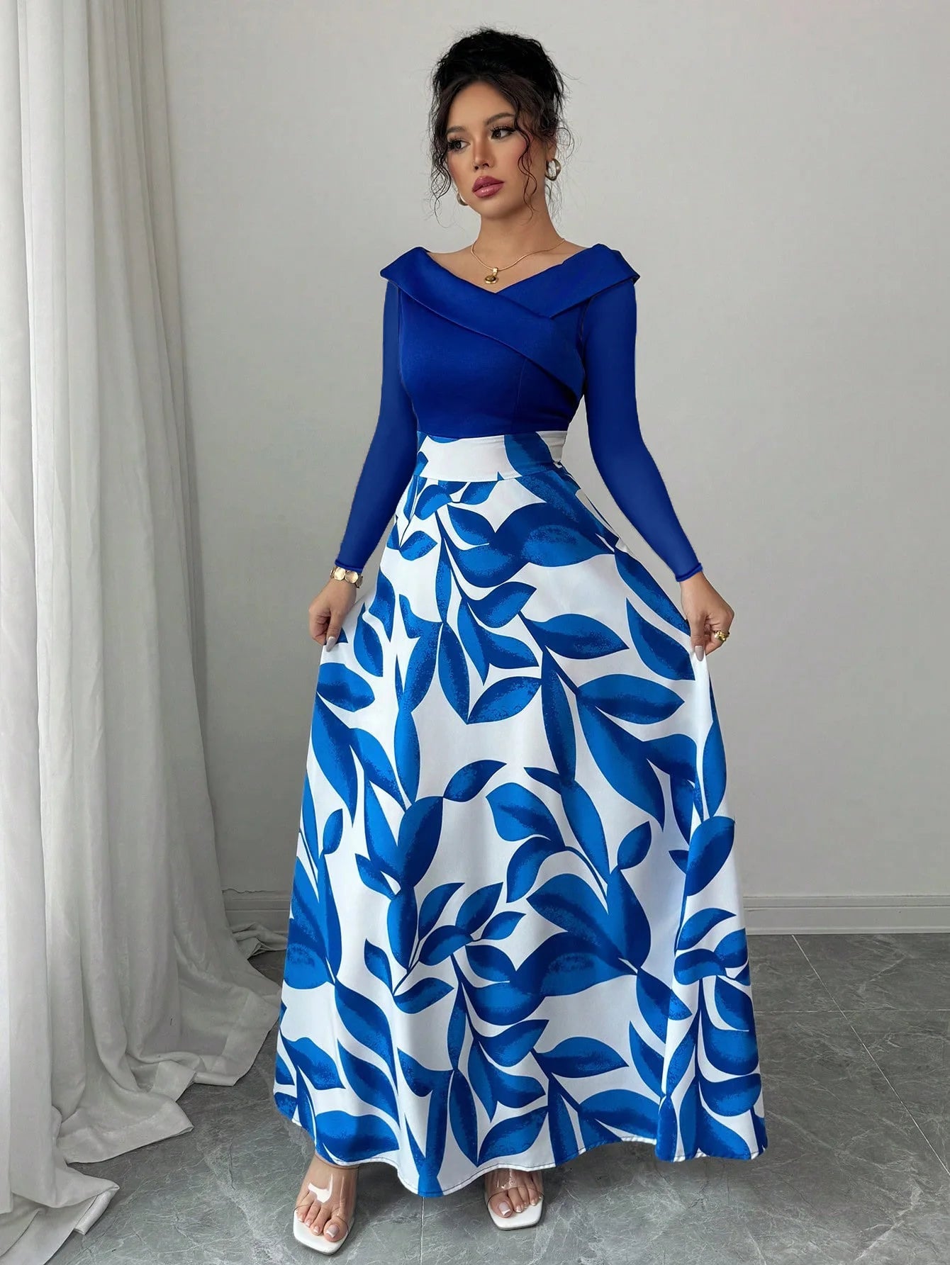 Floral Maxi Dress With Asymmetric Neckline For Elegant Evening Garden Party Style - SN Wigs & More