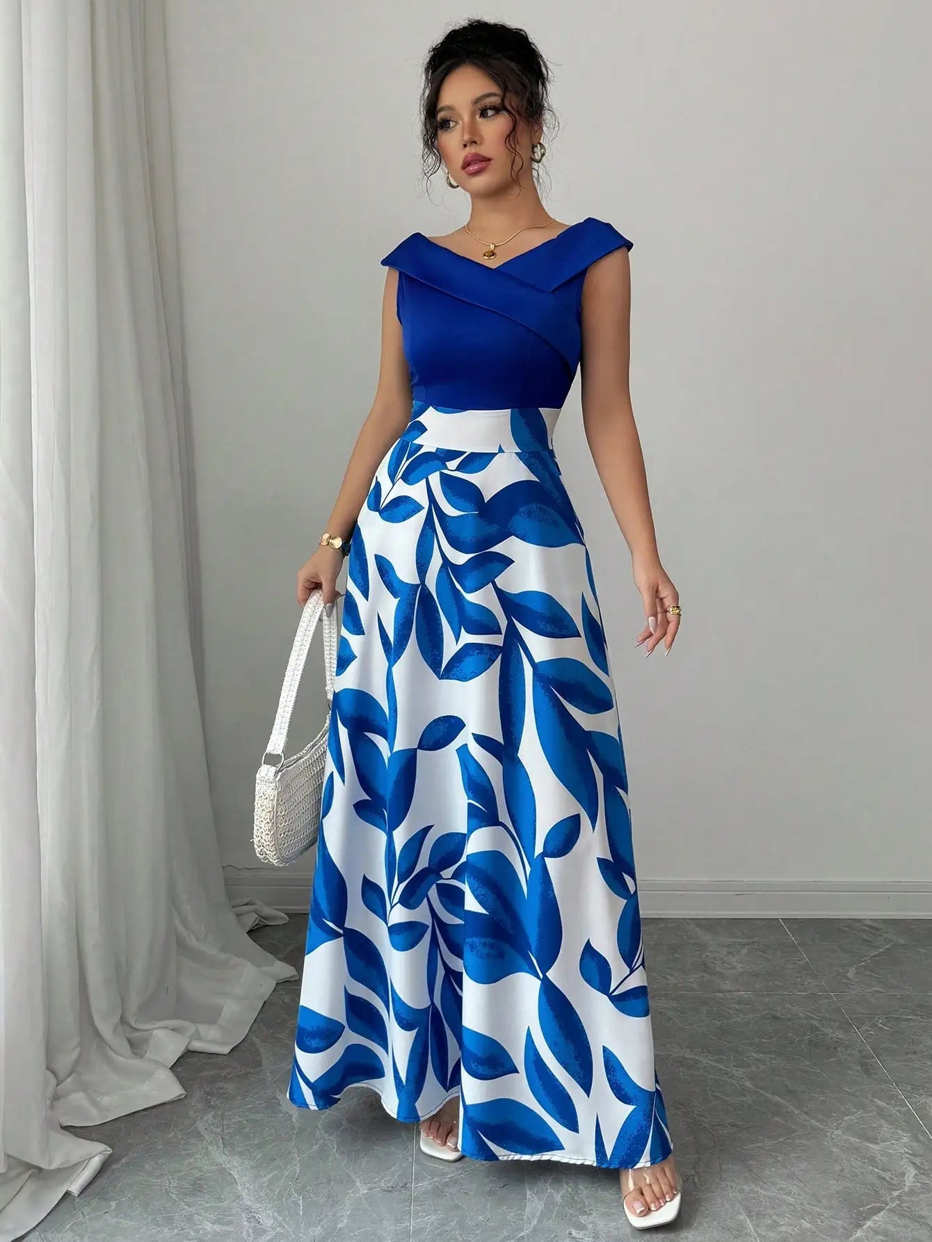 Floral Maxi Dress With Asymmetric Neckline For Elegant Evening Garden Party Style - SN Wigs & More