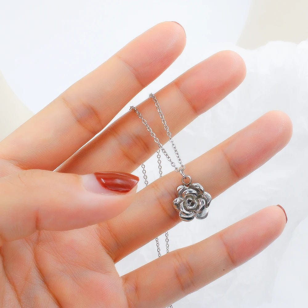 Floral pendant necklace / 40+5CM / silver FANJIN Lotus Pendant Necklace Fashion 316L Stainless Steel Necklace Jewellery Lotus Flower Necklace for Women Girl