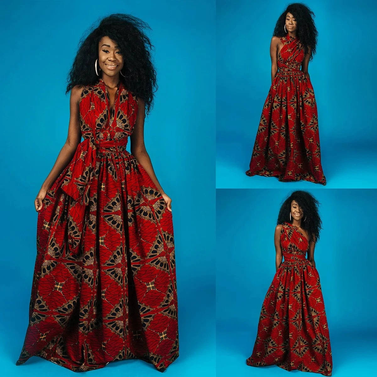Floral Print African Dress with Side Slit & High Waist