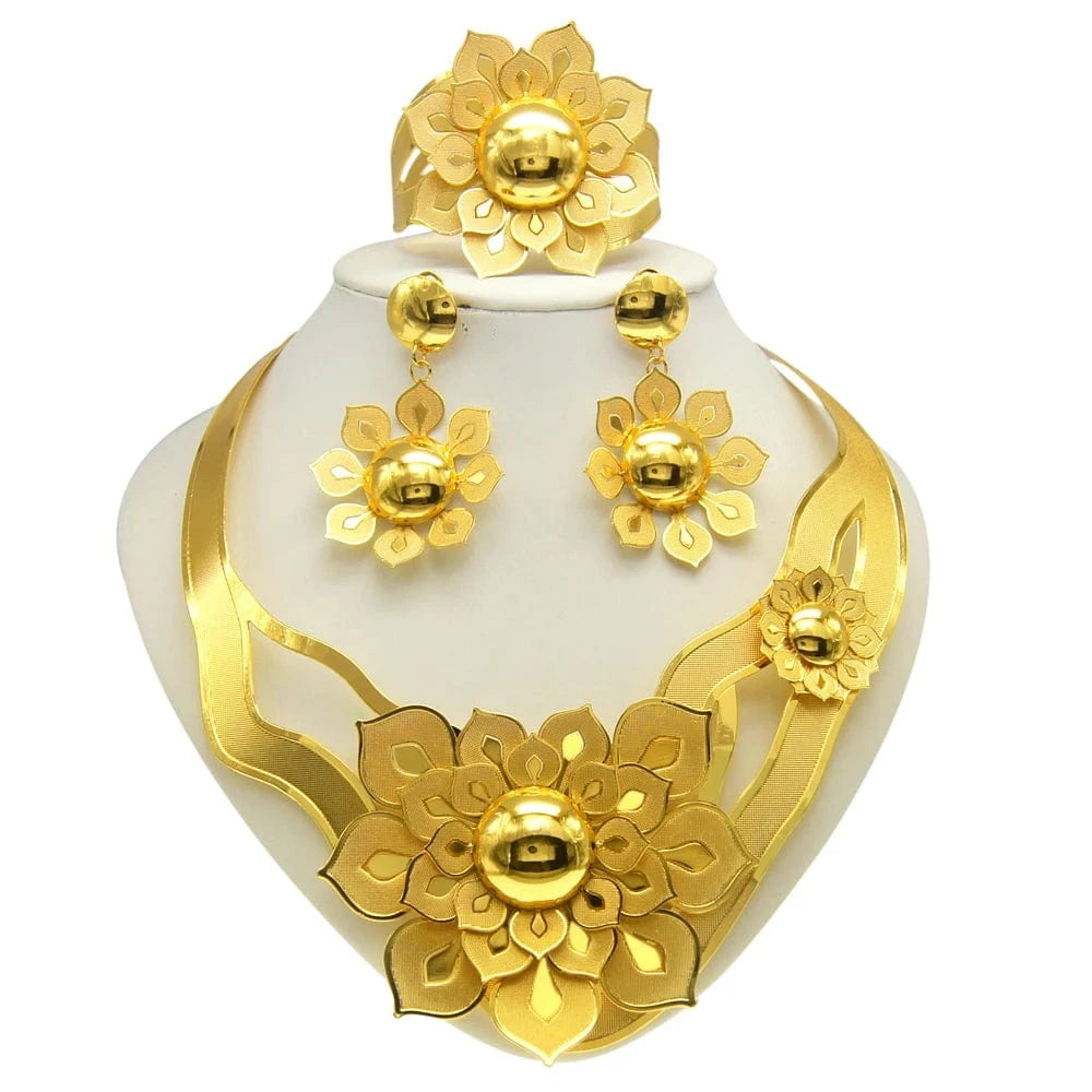 Flower Brazil Gold Jewelry Set / Adjustable / Gold Zhuerrui Flower Brazil Gold Jewelry Set Big Necklace Earring Bracelet Jewellery Set Nigerian Woman Wedding Gifts Jewelry NH00060