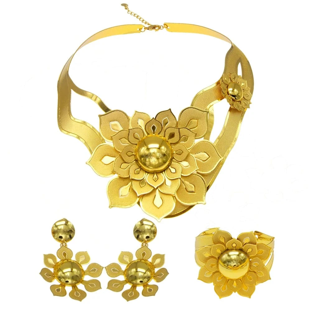 Flower Brazil Gold Jewelry Set / Adjustable / Gold Zhuerrui Flower Brazil Gold Jewelry Set Big Necklace Earring Bracelet Jewellery Set Nigerian Woman Wedding Gifts Jewelry NH00060