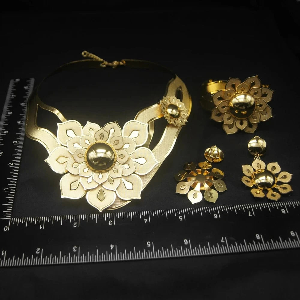 Flower Brazil Gold Jewelry Set / Adjustable / Gold Zhuerrui Flower Brazil Gold Jewelry Set Big Necklace Earring Bracelet Jewellery Set Nigerian Woman Wedding Gifts Jewelry NH00060