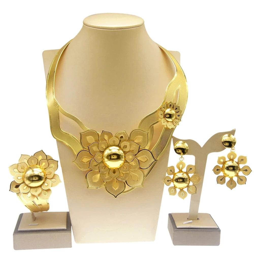 Flower Brazil Gold Jewelry Set / Adjustable / Gold Zhuerrui Flower Brazil Gold Jewelry Set Big Necklace Earring Bracelet Jewellery Set Nigerian Woman Wedding Gifts Jewelry NH00060